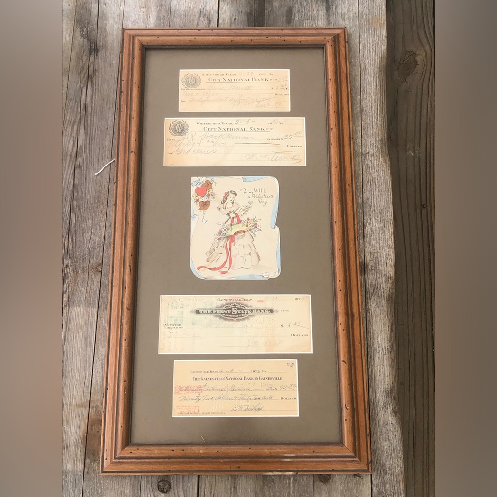 1920’s Gainesville Texas Bank Check Whitesboro Dallas Area, Framed Vintage 24x13